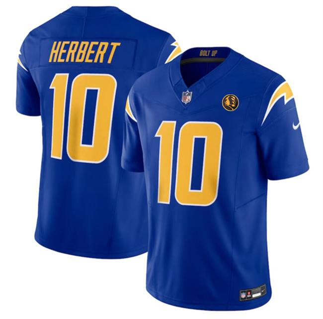 Personalized Men’s Los Angeles Chargers #10 Justin Herbert Royal 2023 F.U.S.E. With John Madden Patch Limited Stitched Football Jersey