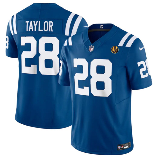 Personalized Men’s Indianapolis Colts #28 Jonathan Taylor Blue 2023 F.U.S.E. With John Madden Patch Limited Stitched Football Jersey