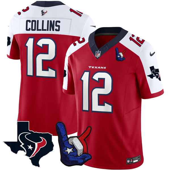 Personalized Men’s Houston Texans #12 Nico Collins Red White 2023 F.U.S.E. With Hand Sign Throwing Up The H Patch Untouchable Limited Stitched Football Jersey