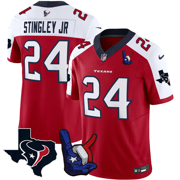 Personalized Men’s Houston Texans #24 Derek Stingley Jr. Red White 2023 F.U.S.E. With Hand Sign Throwing Up The H Patch Untouchable Limited Stitched Football Jersey