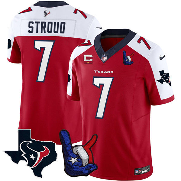 Personalized Men’s Houston Texans #7 C.J. Stroud Red White 2023 F.U.S.E. With 1-Star C And Hand Sign Throwing Up The H Patch Untouchable Limited Stitched Football Jersey