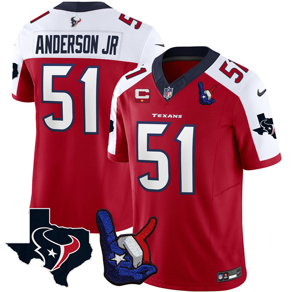 Personalized Men’s Houston Texans #51 Will Anderson Jr. Red White 2023 F.U.S.E. With 1-Star C And Hand Sign Throwing Up The H Patch Untouchable Limited Stitched Football Jersey