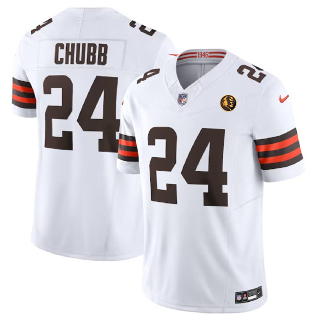 Personalized Men’s Cleveland Browns #24 Nick Chubb White 2023 F.U.S.E. With John Madden Patch Limited Stitched Football Jersey