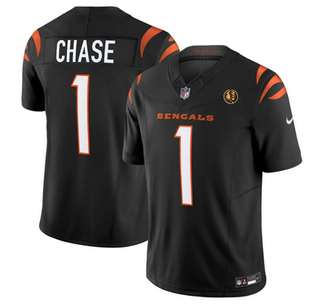 Personalized Men’s Cincinnati Bengals #1 Ja’Marr Chase Black 2023 F.U.S.E. With John Madden Patch Limited Stitched Football Jersey