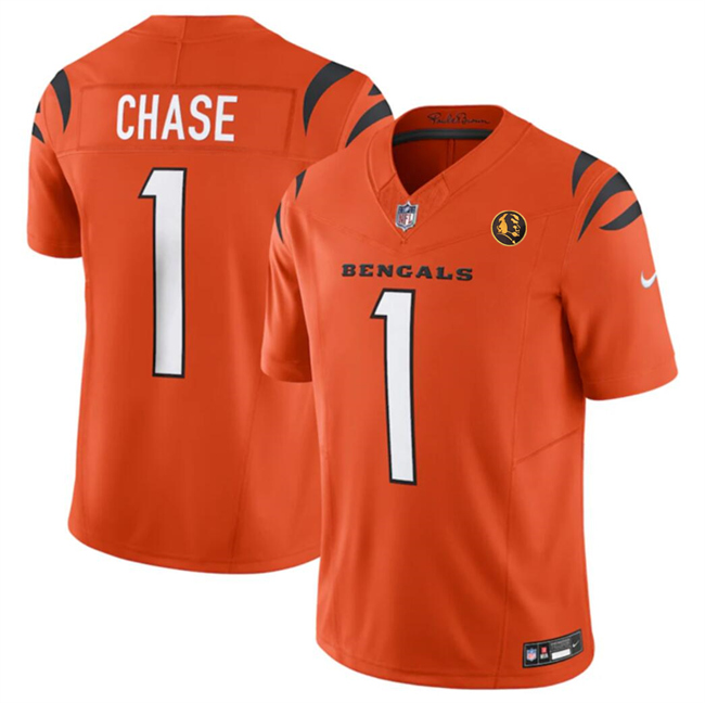 Personalized Men’s Cincinnati Bengals #1 Ja’Marr Chase Orange 2023 F.U.S.E. With John Madden Patch Limited Stitched Football Jersey