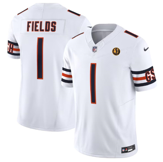 Personalized Men’s Chicago Bears #1 Justin Fields White 2023 F.U.S.E. With John Madden Patch Limited Stitched Football Jersey