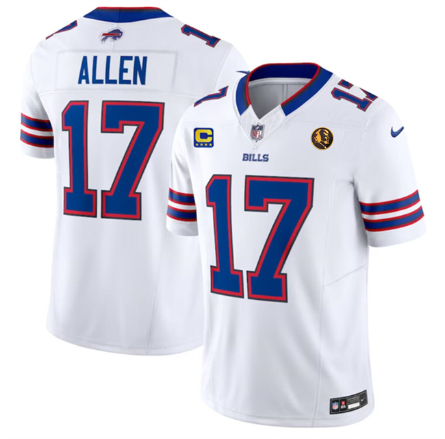 Personalized Men’s Buffalo Bills #17 Josh Allen White 2023 F.U.S.E. With 4-Star C Ptach And John Madden Patch Limited Stitched Football Jersey