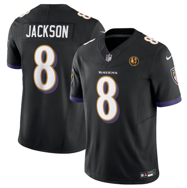 Personalized Men’s Baltimore Ravens #8 Lamar Jackson Black 2023 F.U.S.E. With John Madden Patch Limited Football Jersey