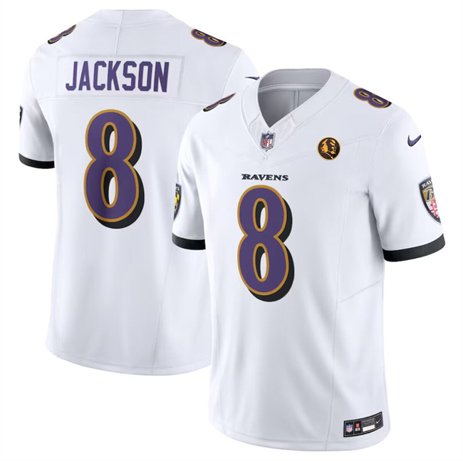 Personalized Men’s Baltimore Ravens #8 Lamar Jackson White 2023 F.U.S.E. With John Madden Patch Limited Football Jersey