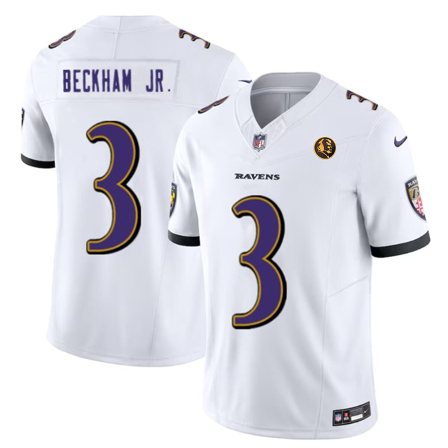 Personalized Men’s Baltimore Ravens #3 Odell Beckham Jr. White 2023 F.U.S.E. With John Madden Patch Limited Football Jersey