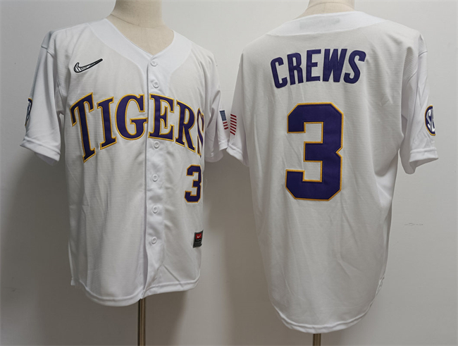 Personalized Men’s LSU Tigers #3 Ylan Crews White Stitched Baseball Jersey