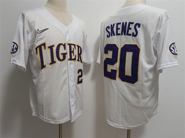 Personalized Men’s LSU Tigers #20 Paul Skenes White Stitched Baseball Jersey