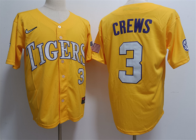 Personalized Men’s LSU Tigers #3 Ylan Crews Gold 2023 Stitched Baseball Jersey