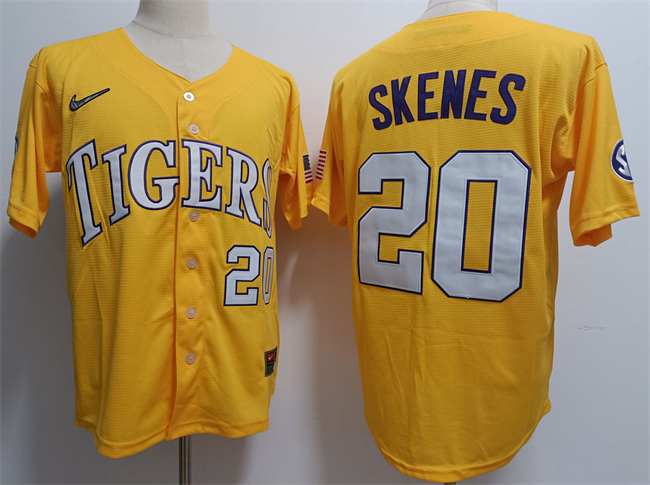 Personalized Men’s LSU Tigers #20 Paul Skenes Gold 2023 Stitched Baseball Jersey