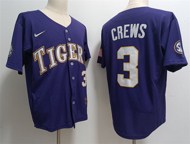 Personalized Men’s LSU Tigers #3 Ylan Crews Purple 2023 Stitched Baseball Jersey