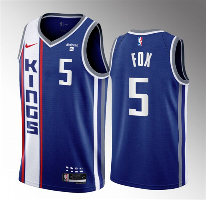 Personalized Men’s Sacramento Kings #5 De’Aaron Fox Blue 2023-24 City Edition Stitched Basketball Jersey