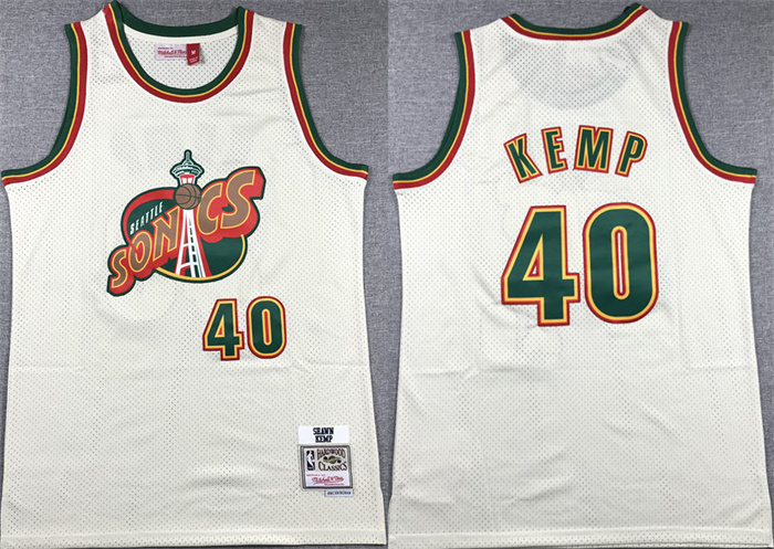 Personalized Men’s Oklahoma City Thunder #40 Shawn Kemp Mitchell & Ness Cream SuperSonics Stitched Jersey