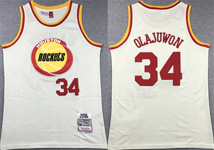 Personalized Men’s Houston Rockets #34 Hakeem Olajuwon White Mitchell & Ness Hardwood Classics Swingman Stitched Basketball Jersey