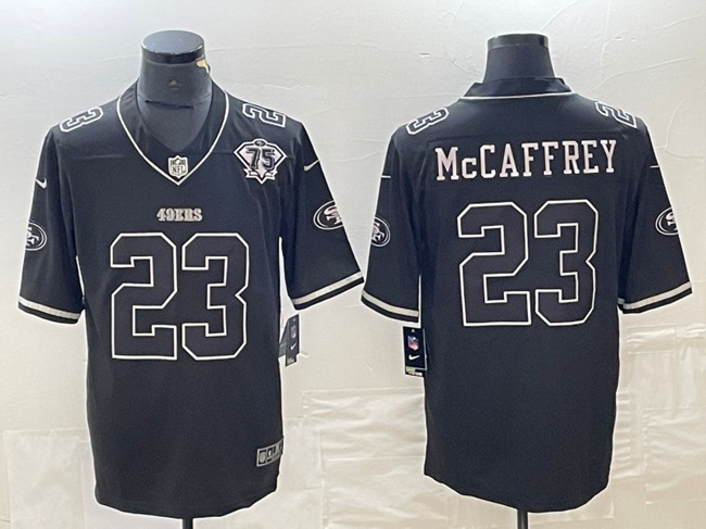 Personalized Men’s San Francisco 49ers #23 Christian McCaffrey Black With 75th Anniversary Patch Stitched Jersey