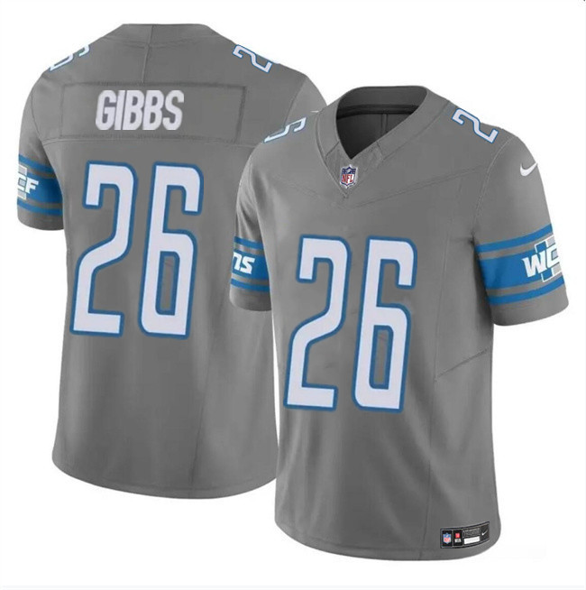 Personalized Men’s Detroit Lions #26 Jahmyr Gibbs Grey 2023 F.U.S.E. Untouchable Limited Stitched Football Jersey