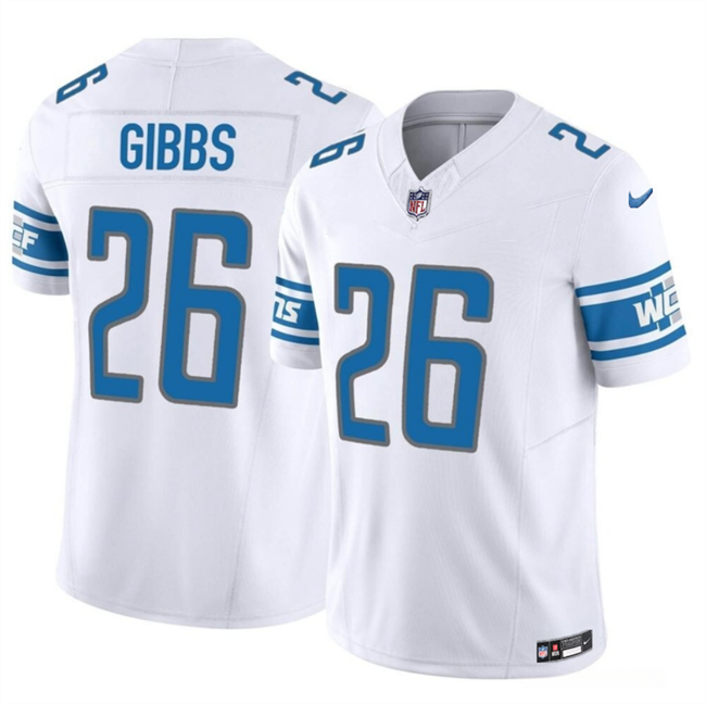 Personalized Men’s Detroit Lions #26 Jahmyr Gibbs White 2023 F.U.S.E. Untouchable Limited Stitched Football Jersey