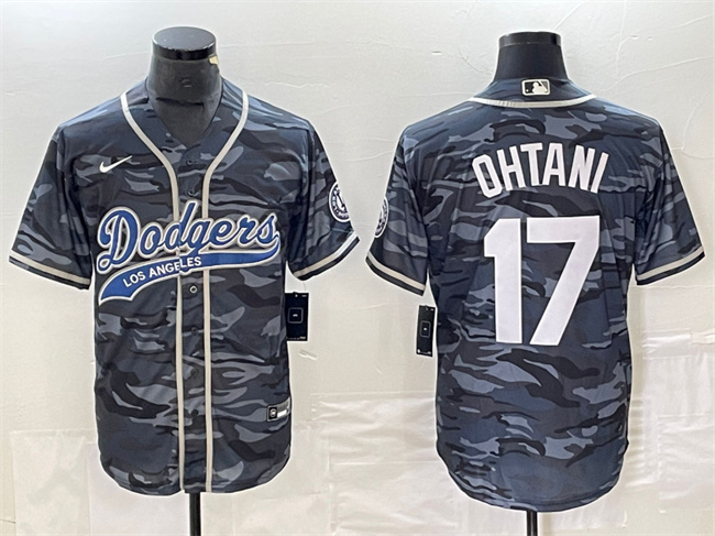Personalized Men’s Los Angeles Dodgers #17 Shohei Ohtani Gray Camo Cool Base With Patch Stitched Baseball Jersey