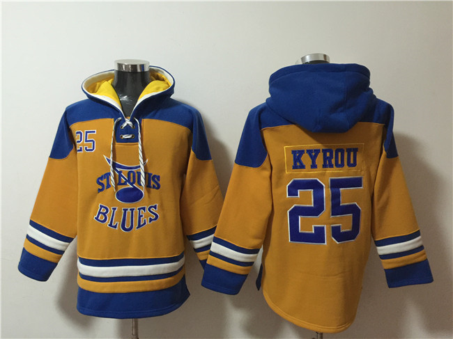 Personalized Men’s St. Louis Blues #25 Jordan Kyrou Yellow Ageless Must-Have Lace-Up Pullover Hoodie