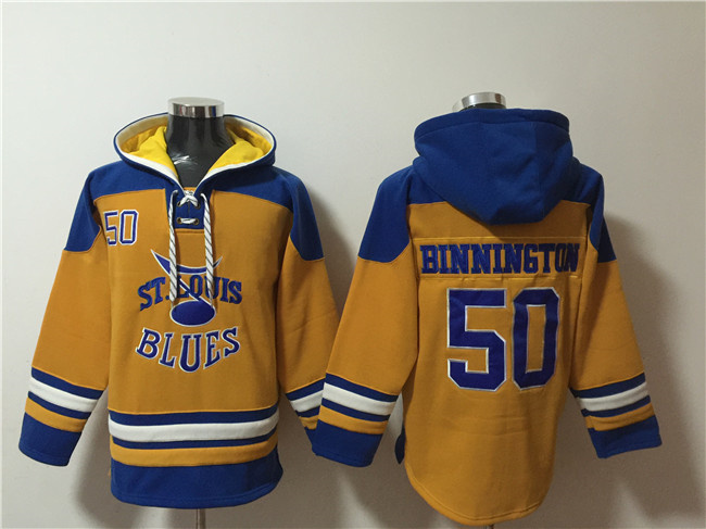 Personalized Men’s St. Louis Blues #50 Jordan Binnington Yellow Ageless Must-Have Lace-Up Pullover Hoodie