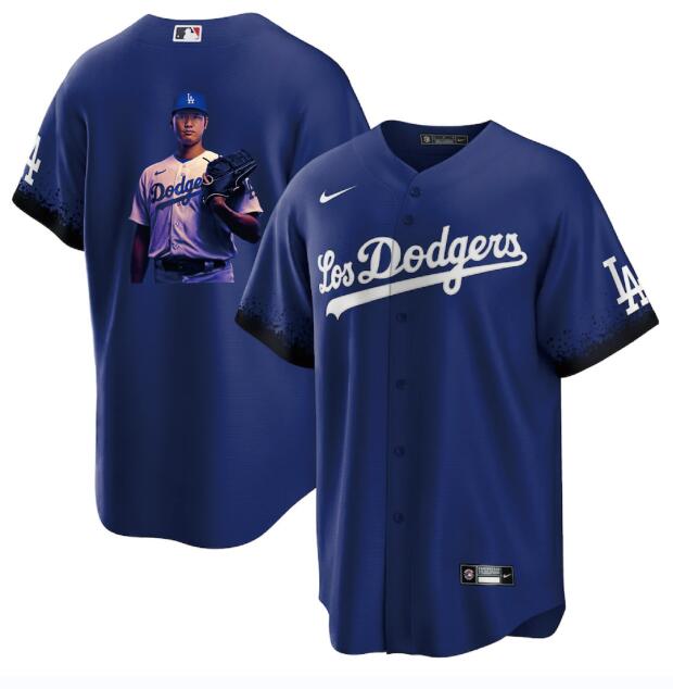 Personalized Men’s Los Angeles Dodgers #17 Shohei Ohtani Blue Big Logo City Connect Cool Base Stitched Jersey 3