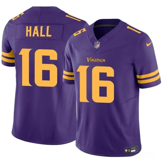 Personalized Men’s Minnesota Vikings #16 Jaren Hall Purple 2023 F.U.S.E. Untouchable Color RushLimited Stitched Jersey