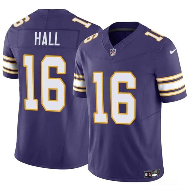 Personalized Men’s Minnesota Vikings #16 Jaren Hall Purple 2023 F.U.S.E. Untouchable Throwback Limited Stitched Jersey