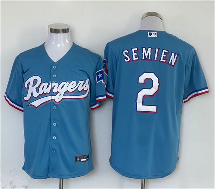 Personalized Men’s Texas Rangers #2 Marcus Semien Blue With Patch Cool Base Stitched MLB Jersey