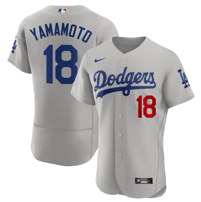 Personalized Men’s Los Angeles Dodgers #18 Yoshinobu Yamamoto Gray 2023 Flex Base Stitched Baseball Jersey