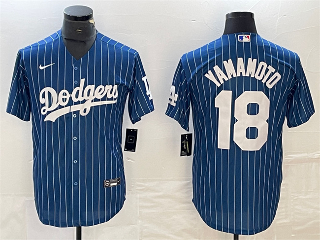 Personalized Men’s Los Angeles Dodgers #18 Yoshinobu Yamamoto Navy Cool Base With Patch Stitched Baseball Jersey