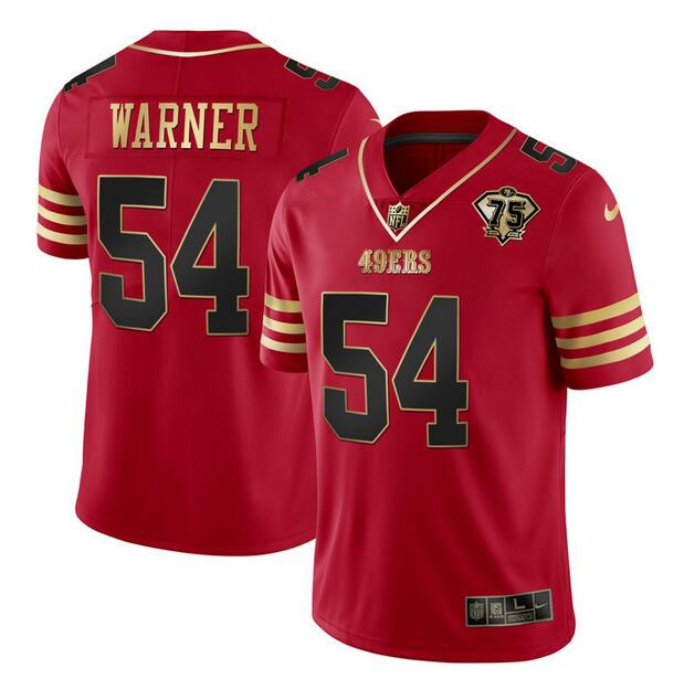 Personalized Men’s San Francisco 49ers #54 Fred Warner Red Gold With 75th Anniversary Patch Stitched Jersey