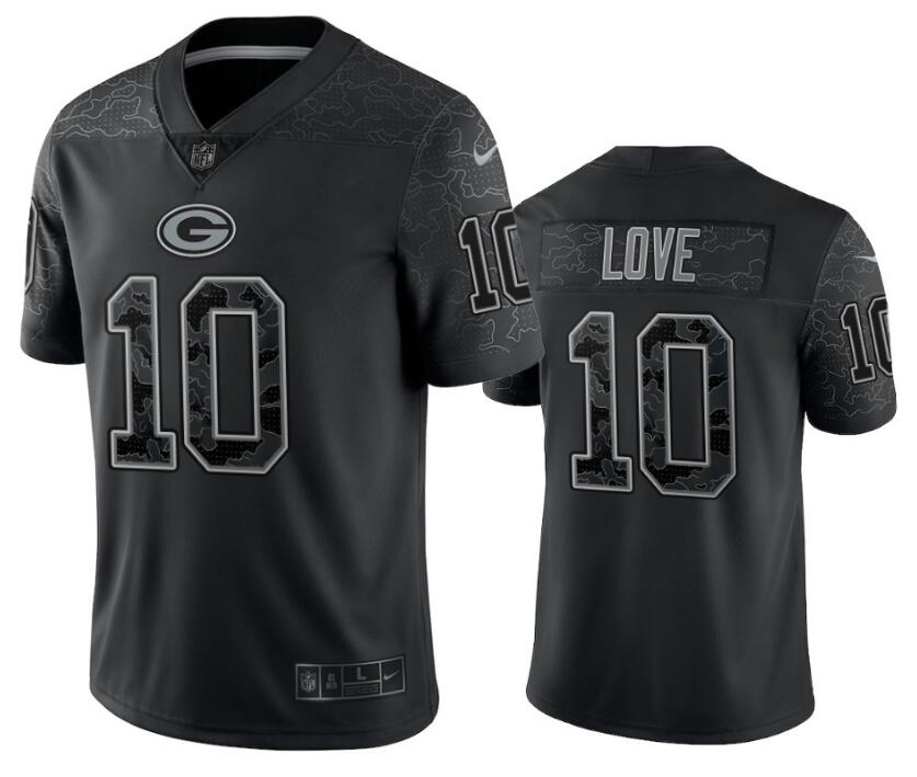 Personalized Men’s Green Bay Packers #10 Jordan Love Black Reflective Limited Stitched Football Jersey