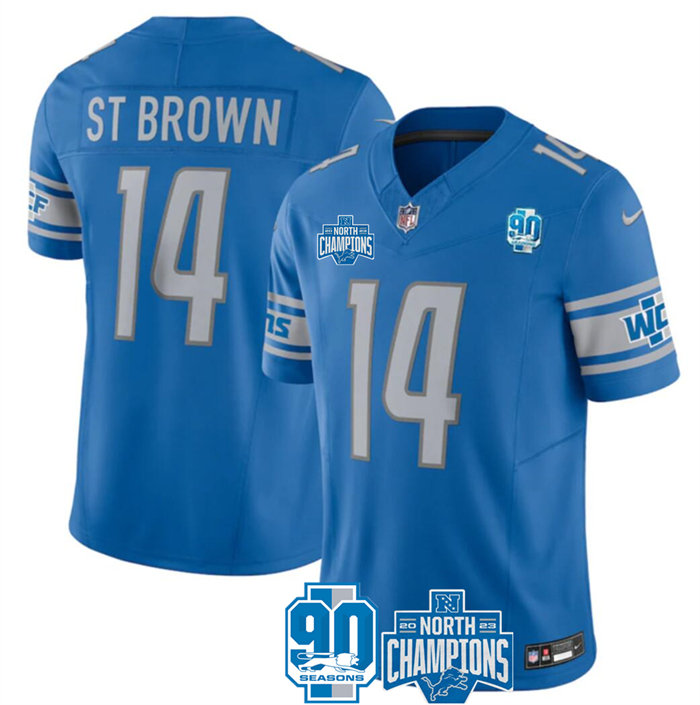 Personalized Men’s Detroit Lions #14 Amon-Ra St. Brown Blue 2023 F.U.S.E. NFC North Division Champions Untouchable Limited Stitched Jersey