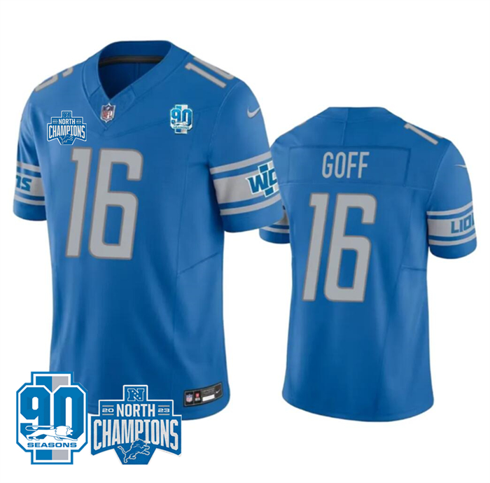 Personalized Men’s Detroit Lions #16 Jared Goff Blue 2023 F.U.S.E. 90th Anniversary NFC North Division Champions Untouchable Limited Stitched Jersey