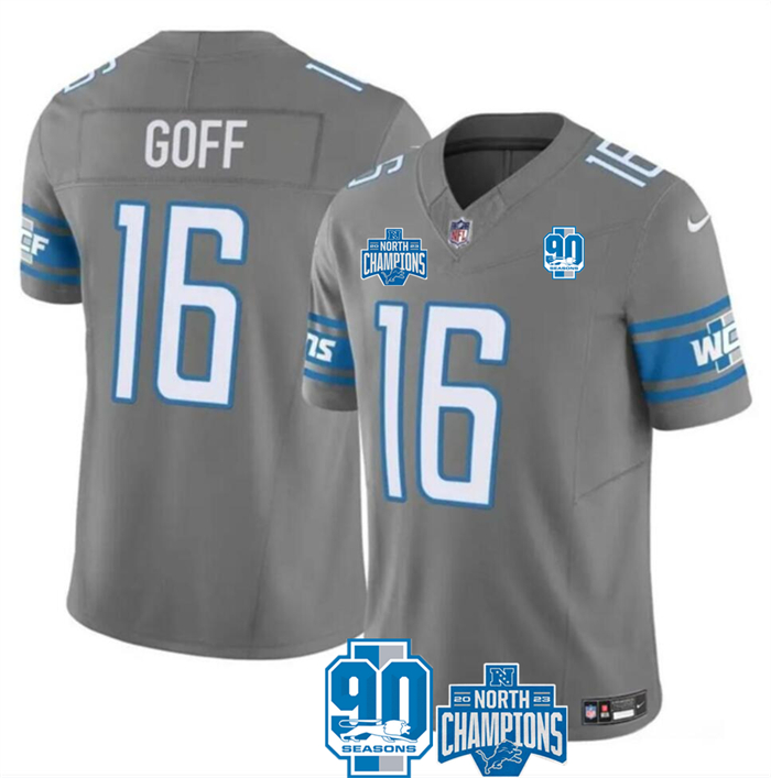 Personalized Men’s Detroit Lions #16 Jared Goff Grey 2023 F.U.S.E. 90th Anniversary NFC North Division Champions Untouchable Limited Stitched Jersey