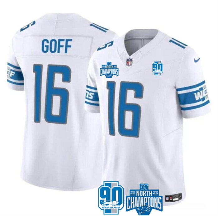 Personalized Men’s Detroit Lions #16 Jared Goff White 2023 F.U.S.E. 90th Anniversary NFC North Division Champions Untouchable Limited Stitched Jersey