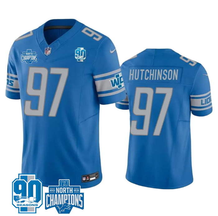 Personalized Men’s Detroit Lions #97 Aidan Hutchinson Blue 2023 F.U.S.E. 90th AnniversaryNFC North Division Champions Untouchable Limited Stitched Jersey