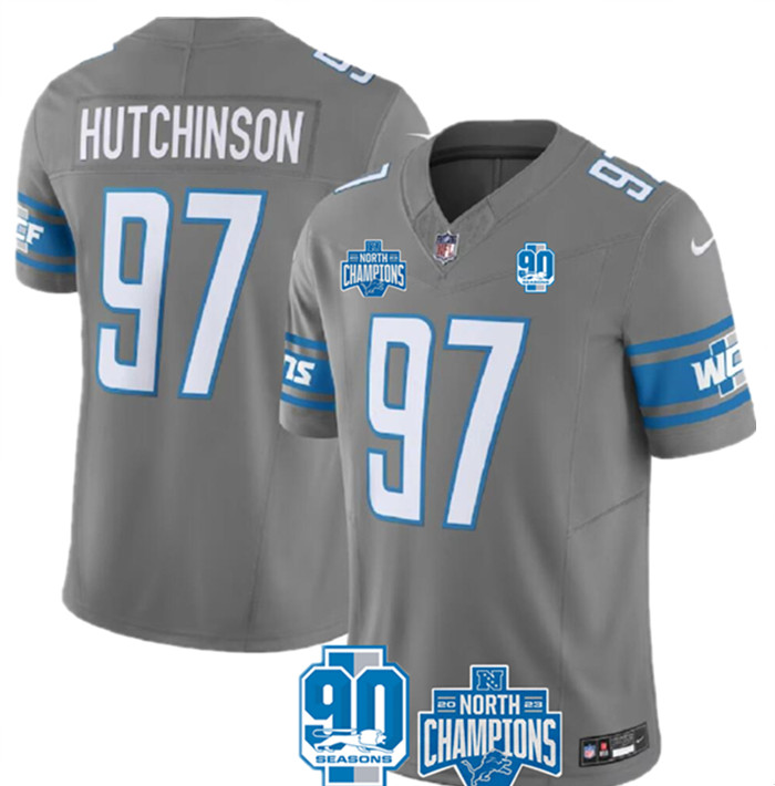 Personalized Men’s Detroit Lions #97 Aidan Hutchinson Grey 2023 F.U.S.E. 90th Anniversary NFC North Division Champions Untouchable Limited Stitched Jersey