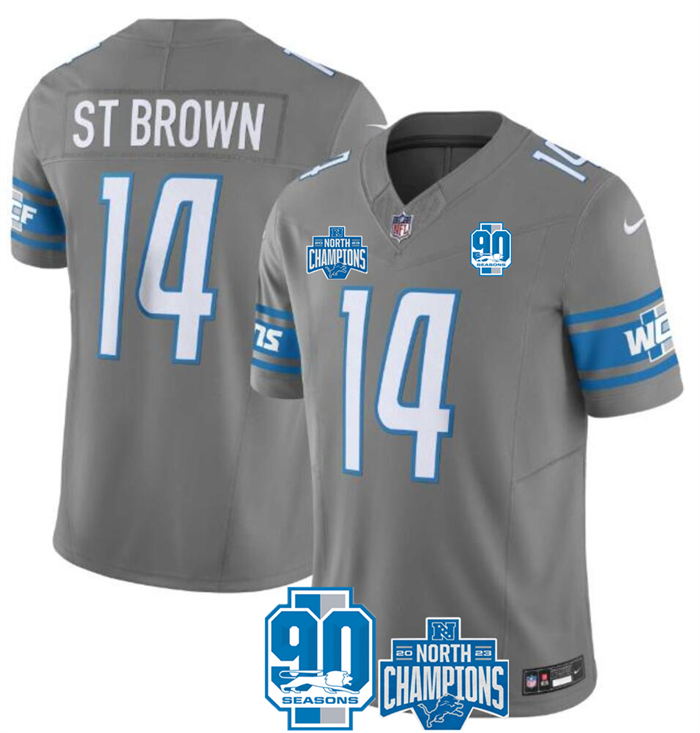 Personalized Men’s Detroit Lions #14 Amon-Ra St. Brown Grey 2023 F.U.S.E. 90th Anniversary NFC North Division Champions Untouchable Limited Stitched Jersey