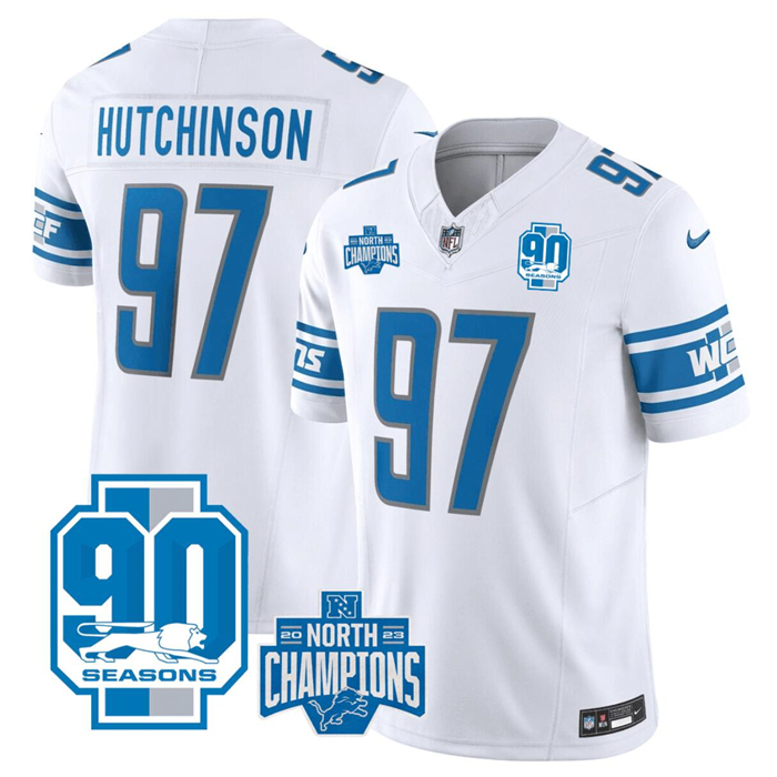 Personalized Men’s Detroit Lions #97 Aidan Hutchinson White 2023 F.U.S.E. 90th Anniversary NFC North Division Champions Untouchable Limited Stitched Jersey