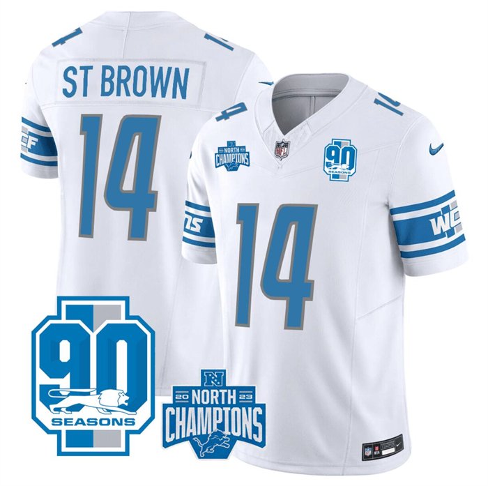 Personalized Men’s Detroit Lions #14 Amon-Ra St. Brown White 2023 F.U.S.E. 90th Anniversary NFC North Division Champions Untouchable Limited Stitched Jersey