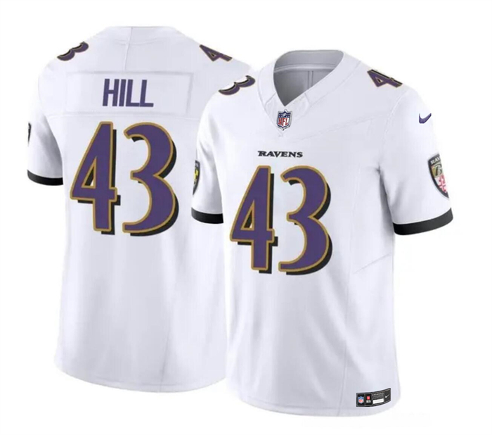 Personalized Men’s Baltimore Ravens #43 Justice Hill White 2023 F.U.S.E. Limited Football Jersey