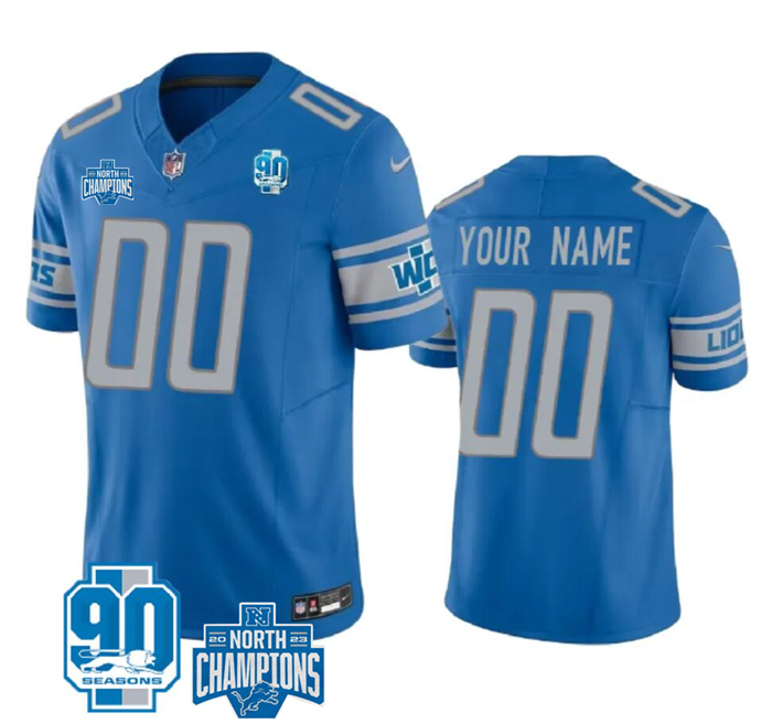 Personalized Men’s Detroit Lions Active Player Blue 2023 F.U.S.E. 90th Anniversary NFC North Division Champions Limited Stitched Football Jersey