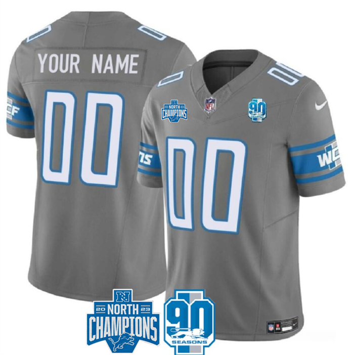 Personalized Men’s Detroit Lions Active Player Grey 2023 F.U.S.E. 90th Anniversary NFC North Division Champions Limited Stitched Football Jersey