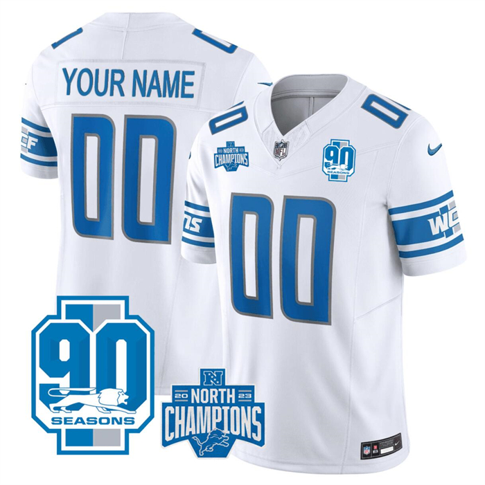 Personalized Men’s Detroit Lions Active Player White 2023 F.U.S.E. 90th Anniversary NFC North Division Champions Limited Stitched Football Jersey