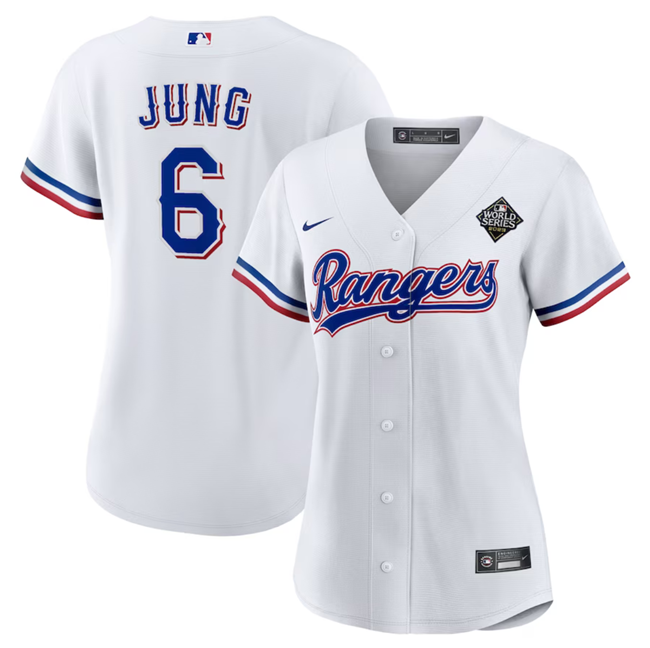 Personalized Women’s Texas Rangers #6 Josh Jung White 2023 World Series Stitched Baseball Jersey(Run Small)